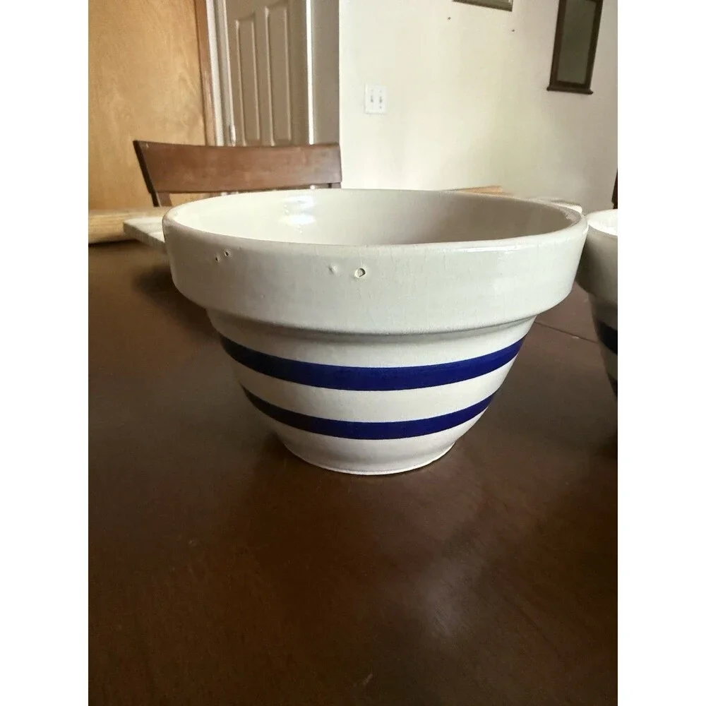 VTG Roseville Pottery RRPCo Stoneware Mixing Bowl Double Blue Band Stripe Set